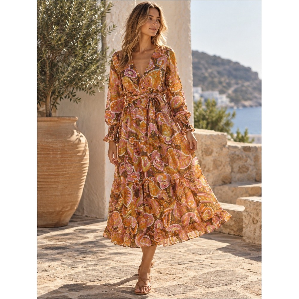 Devotion TWINS Martselo Paisley Maxi Dress Orange Pink Brown Retro Boho S